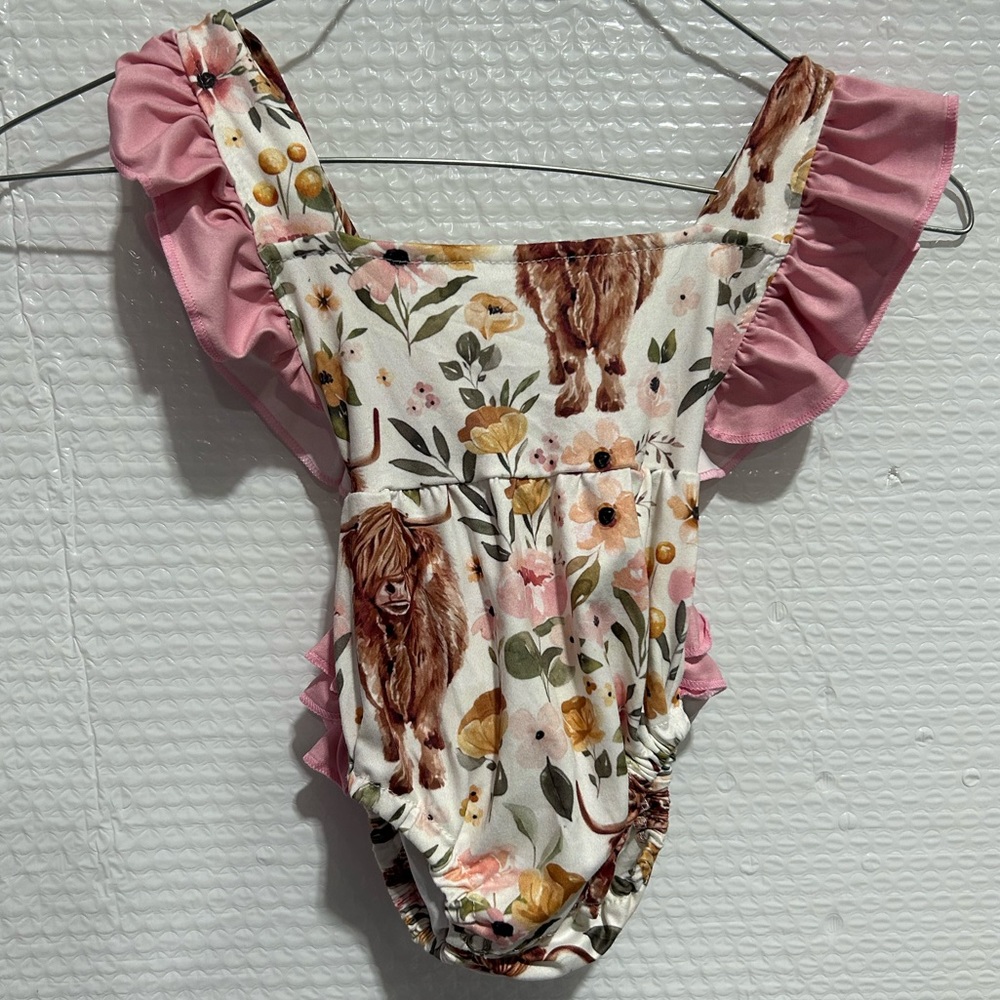 Highland cow ruffle butt romper